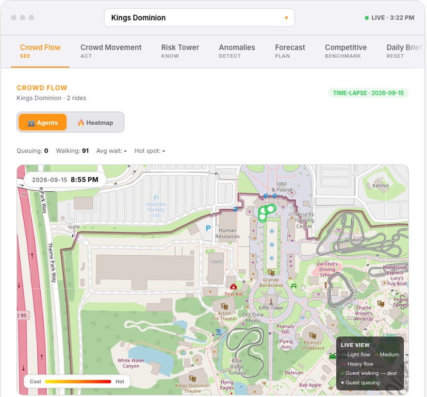 Thoosie crowd flow view: agents moving through a park map with a heat map toggle